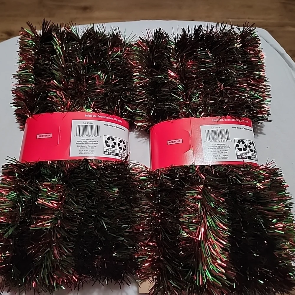 Holiday Time Tinsel Garland Shiny Red/Green Mix 15 Ft each or 30 ft Total Qty 2